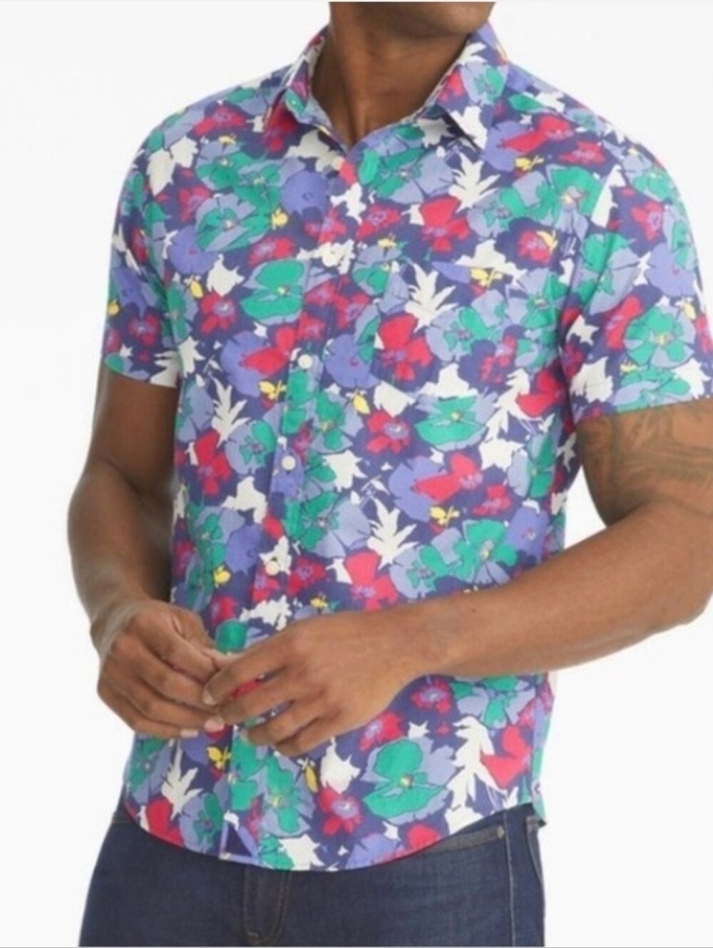 Untuckit Men's Purple Floral Short-Sleeve Button-Up Shirt With Pocket Lighweight
